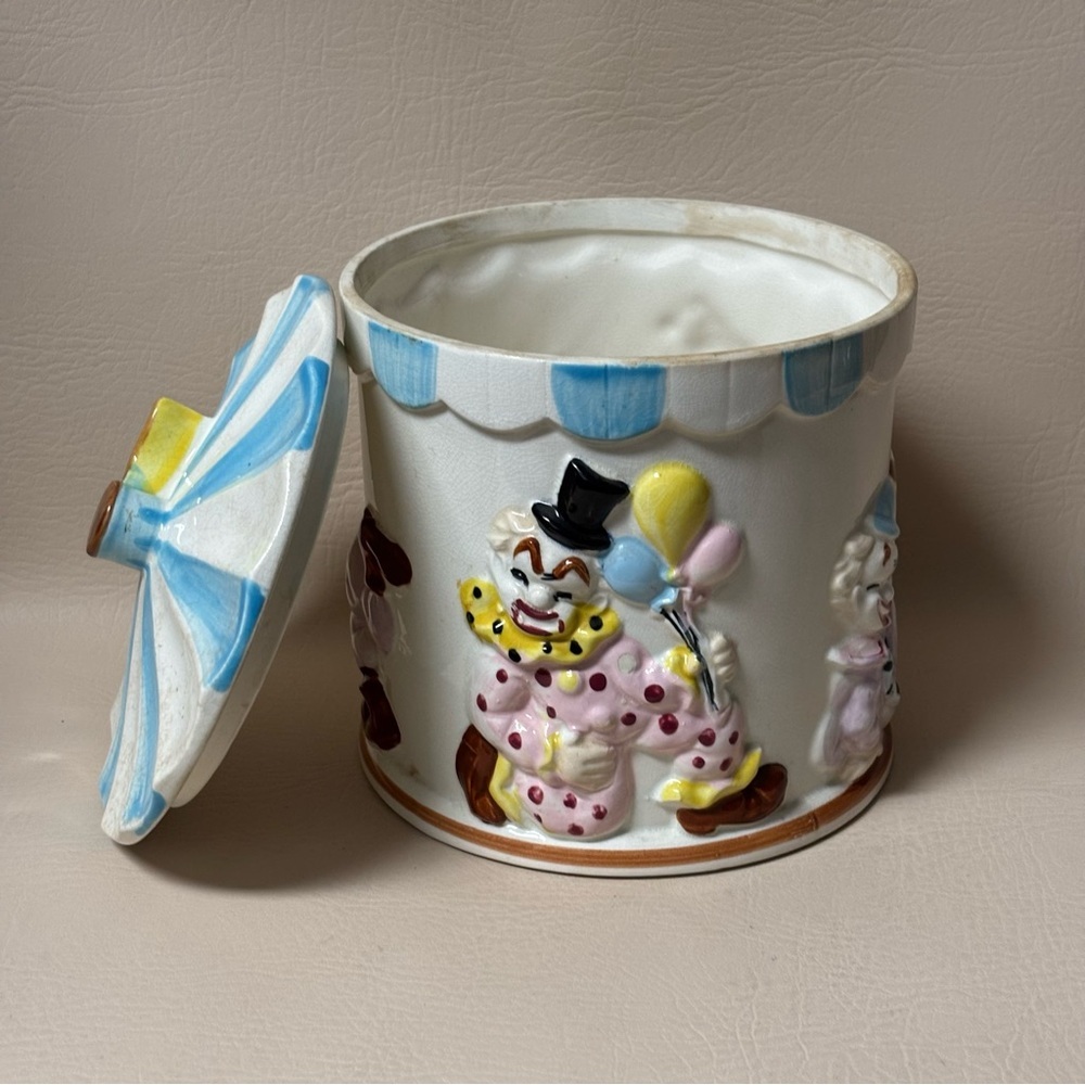 Vintage Clown Cookie Jar Ceramic Circus Tent Whimsical Playful Blue stripe - Picture 3 of 8